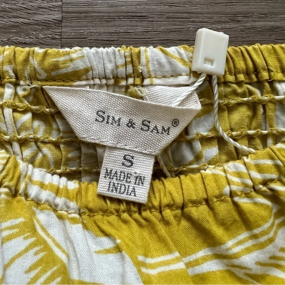 Sim & Sam Palm Print Cropped Top Puff Sleeve Yellow Chartreuse Tropical Boho S - Picture 7 of 10